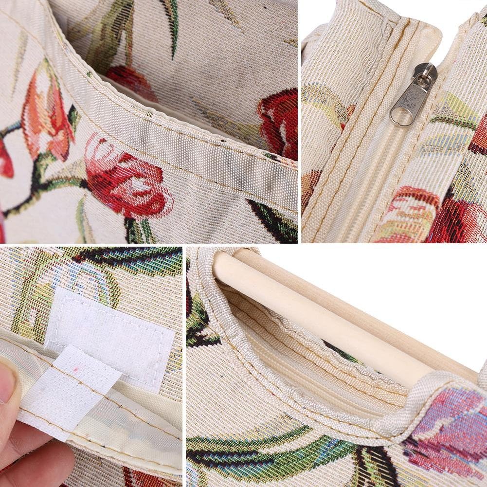 Vikye Knitting Bag, Woven Fabric Storage Bag with Wooden Handle for Sewing Tools for Knitting Needles (Red Flower) - Image 5