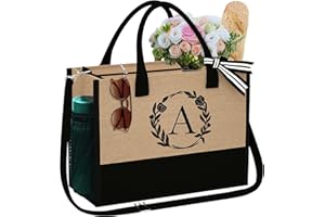 YOOLIFE Gifts for Women - Initial Jute Tote Bag with Zipper Pockets Adjustable Strap Birthday Gifts for Women Her
