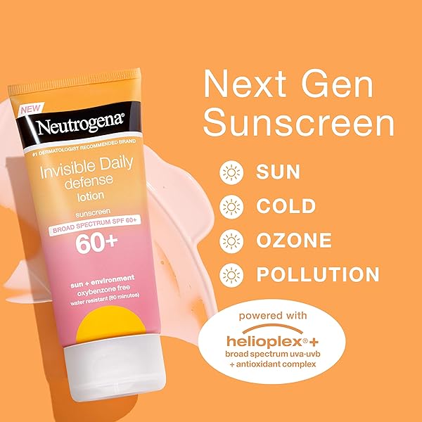 NEUTROGENA INVISIBLE DAILY DEFENSE SUNSCREEN LOTION, BROAD SPECTRUM SPF 60+, OXYBENZONE-FREE & WATER-RESISTANT, SUN & ENVIRONMENTAL AGGRESSOR PROTECTION, ANTIOXIDANT COMPLEX, 3.0 FL. OZ