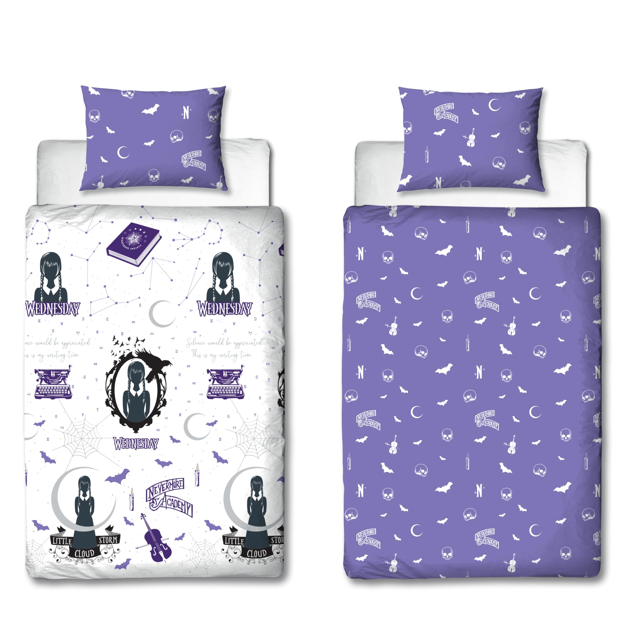 Character World Wednesday Official Single Duvet Cover Set, Destined Design | Reversible 2 Sided Bedding Cover Official Merchandise Including Matching Pillow Case | Purple and White Single Bed Quilt