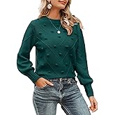 Miessial Women's Fall Crew Neck Pullover Sweater Cute Long Puff Sleeve Chunky Knit Sweater Pompom Jumper Top