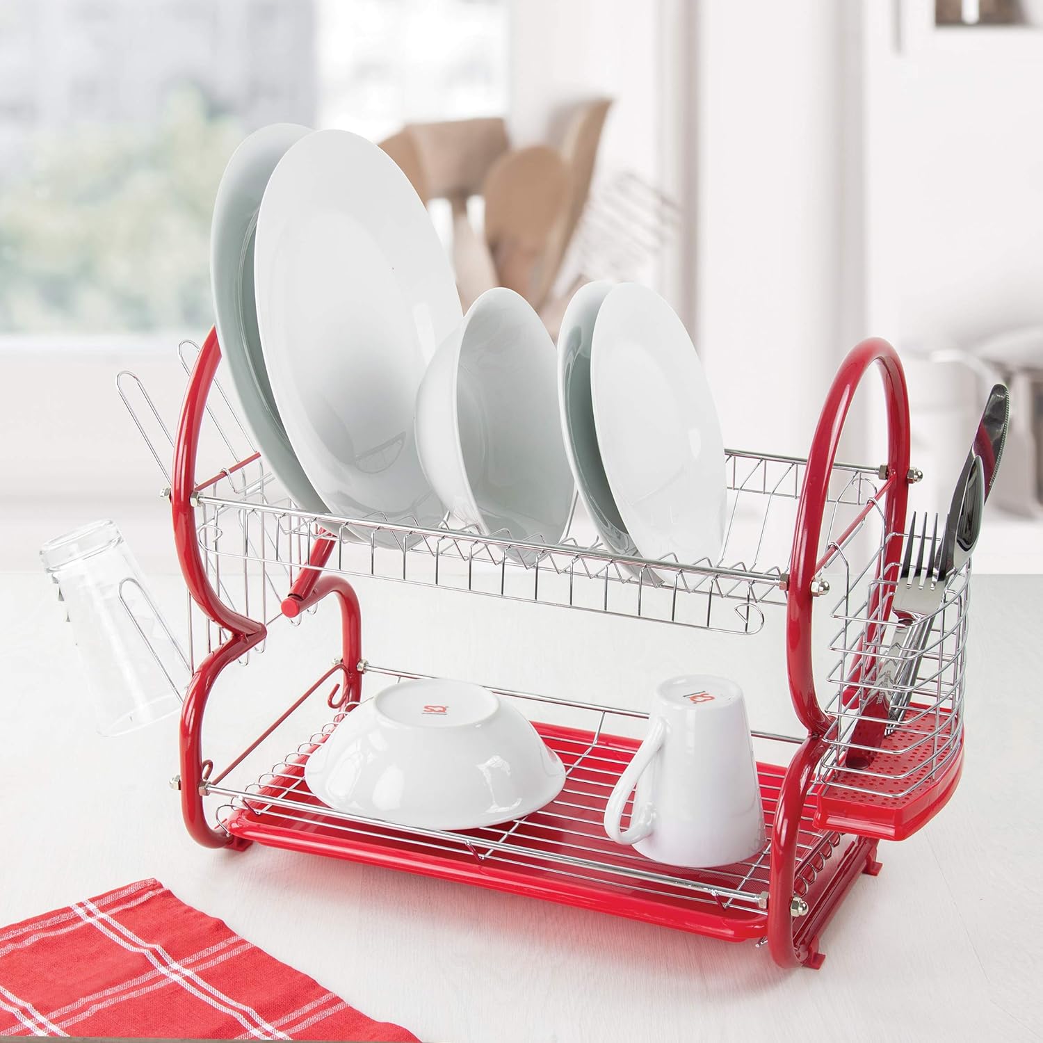 SQ Professional 2 Tier Dish Drainer Rack with Drip Tray (Red) Amazon