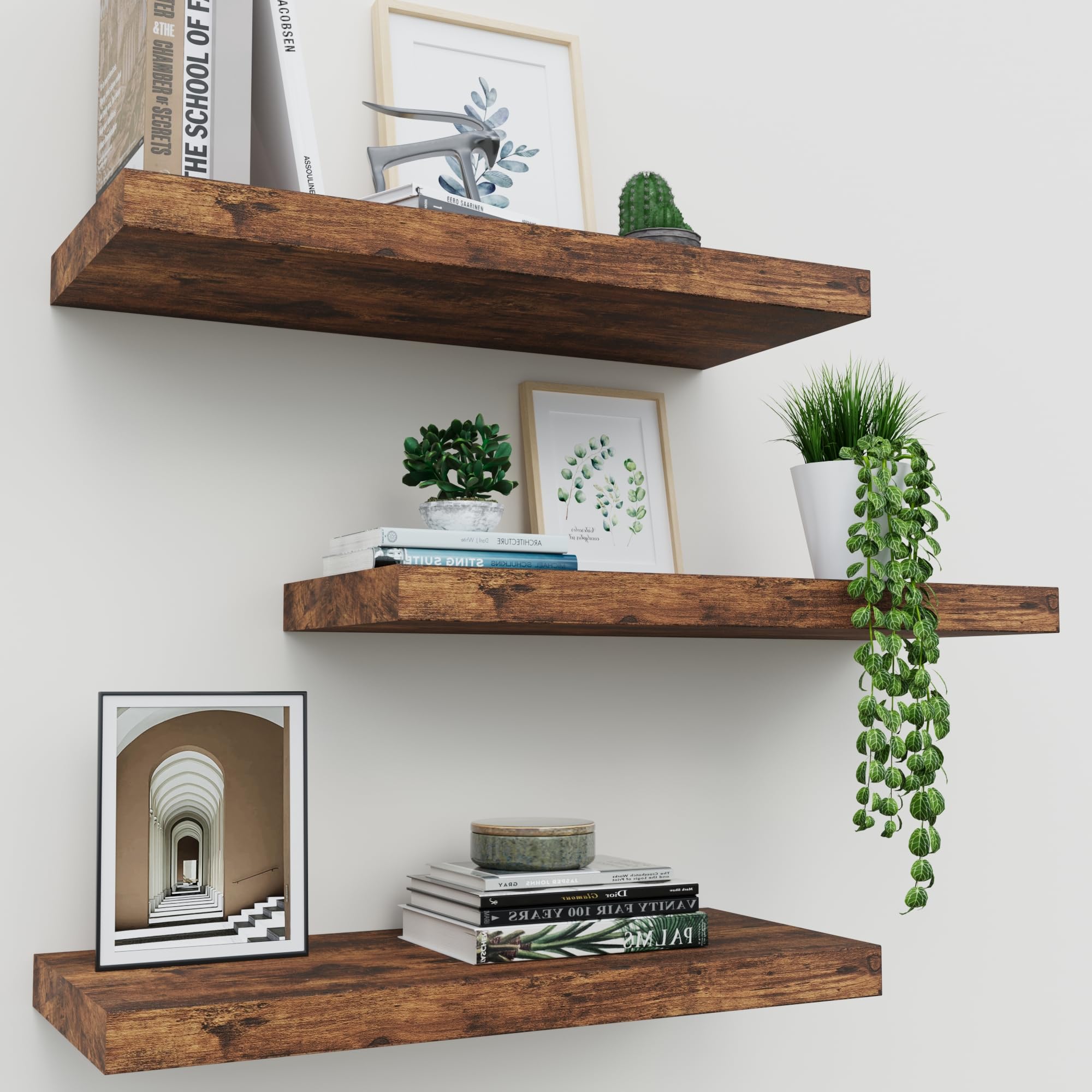 Photo 1 of Upassion Floating Shelves for Wall Set of 3, 16" Rustic Brown Floating Shelves, Home Decor, Frame Display Wall Shelf for Bedroom, Kitchen, Bathroom, Living Room