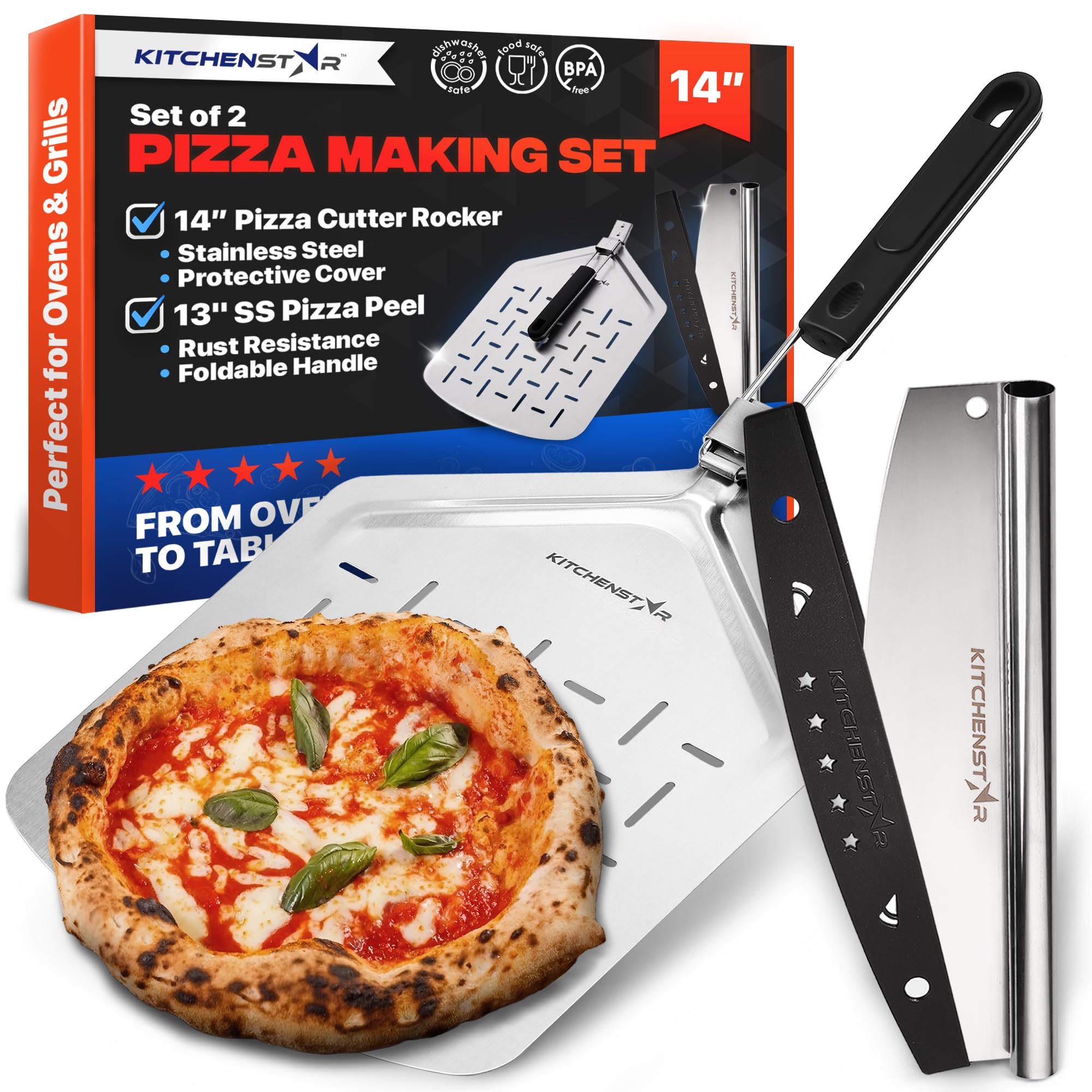 Photo 1 of 14" Pizza Making Kit (Set of 2) - 14" Pizza Cutter Rocker Knife with Blade Cover + 13" Perforated Stainless Steel Pizza Peel with Folding Handle - Ultimate Pizza Oven Accessories