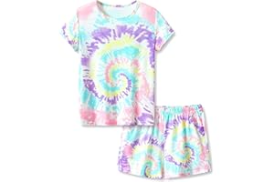 Tebbis Tween Girls Pajamas Trendy Tie Dye Spiral 2-Piece Shirt & Shorts PJ Set Jammies Size 6-18