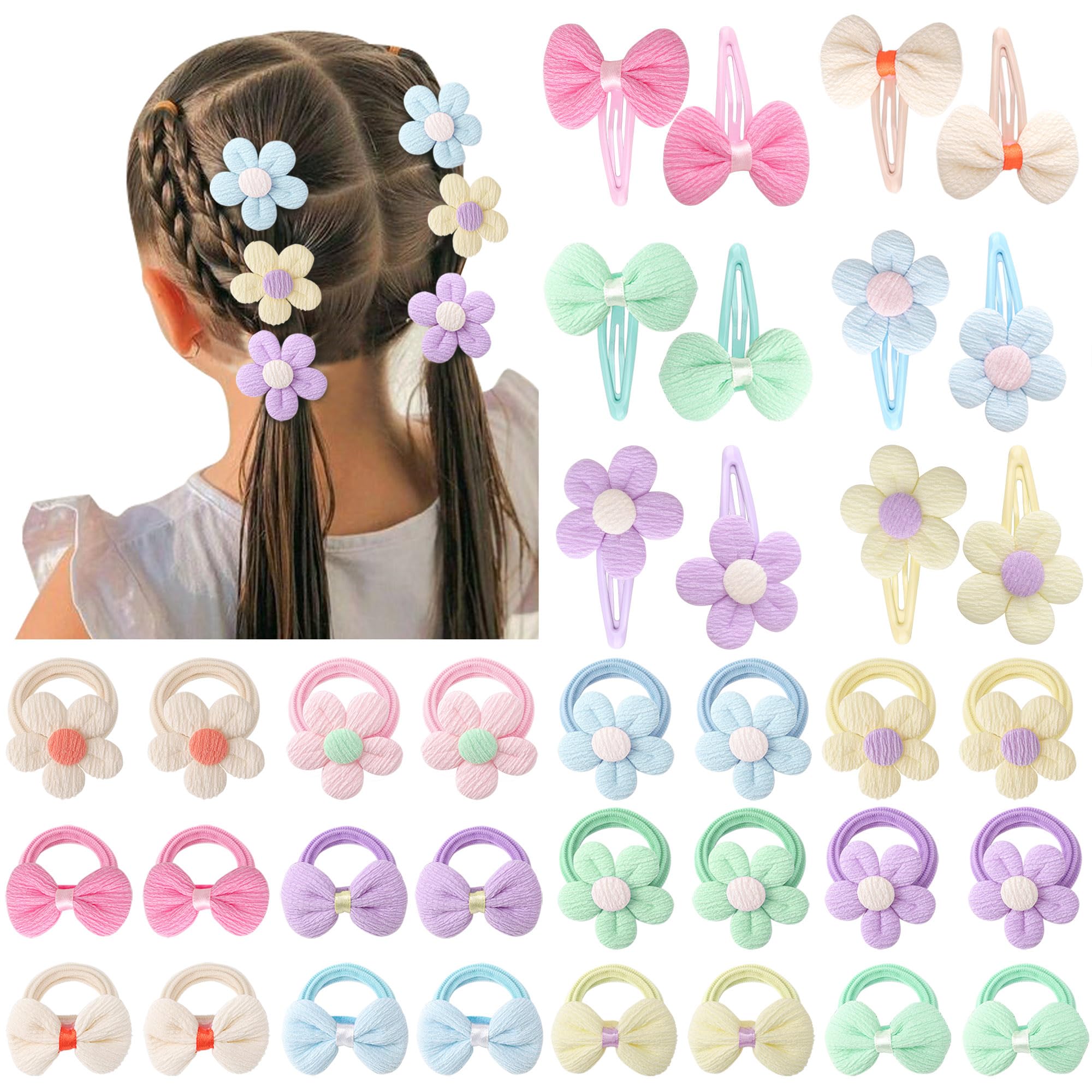 DRESHOW Toddler Hair Accessories Candy Colors Soft Seamless Bows and Flowers Toddlers Cute Hair Clips Elastic Ponytail Holder Hair Ties for Little Girls Infants Kids