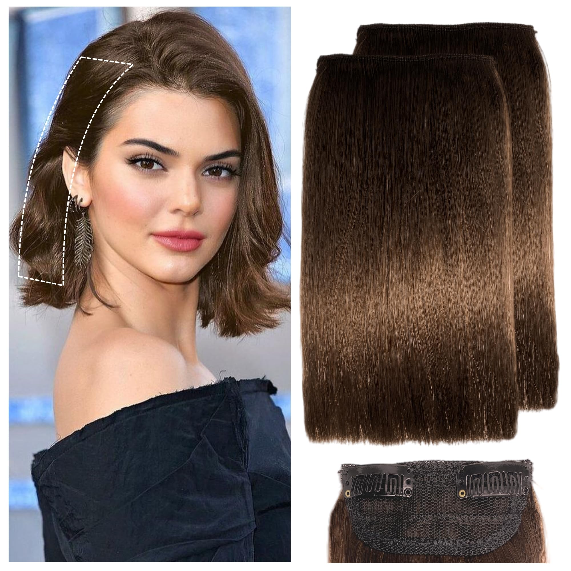 Photo 1 of 2 Pcs Short Hair Extensions, Human Hair Clip in Extensions for Women 6 inch Chocolate Brown