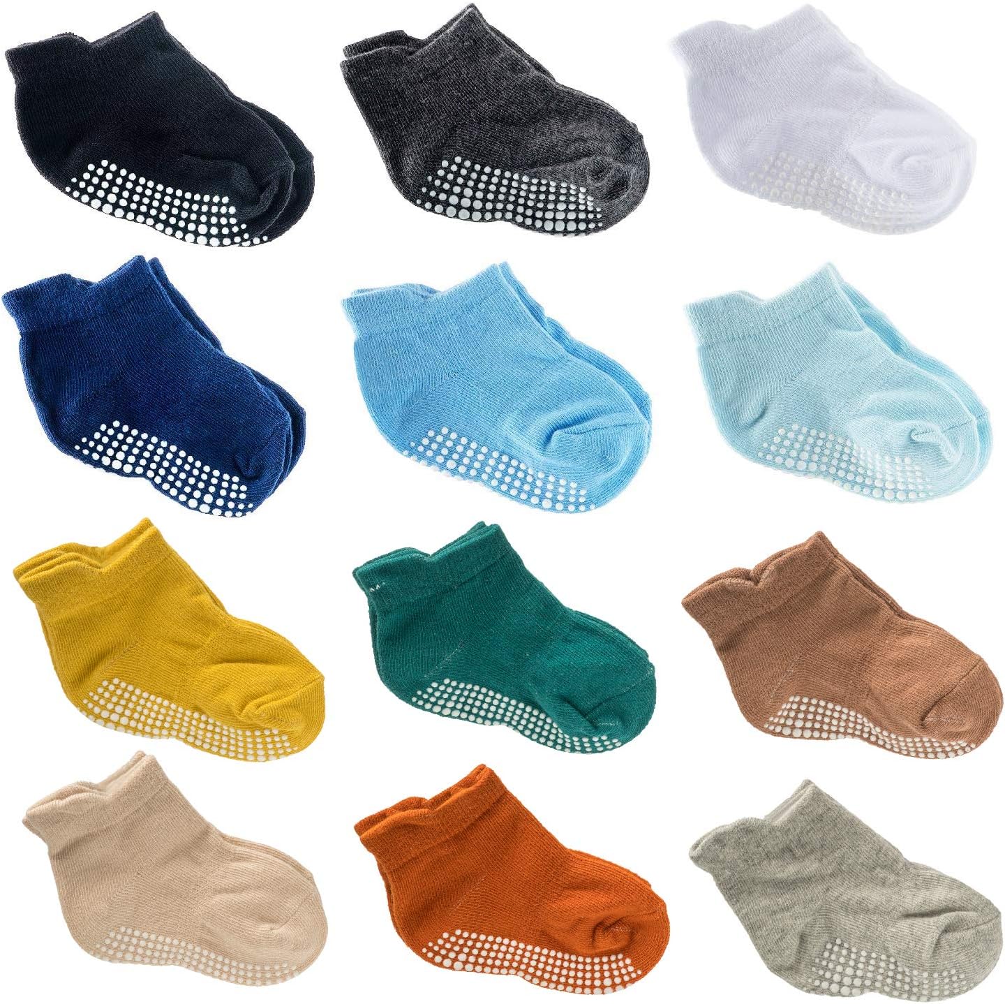 12 Pairs Baby Crew Socks Cotton Anti Skid Toddler Socks with Grips for Baby Girl Boy (Multi-Color)