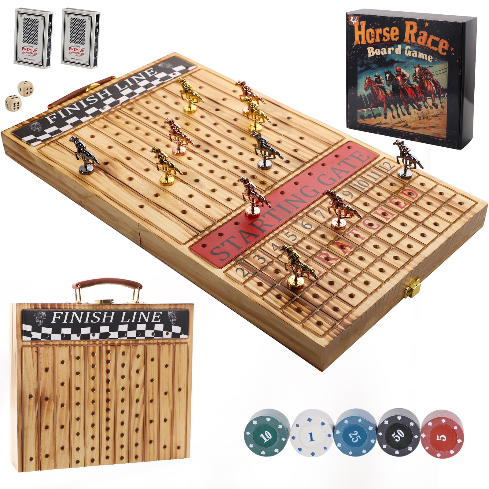 Photo 1 of Grhonior Wooden Finish Line Horse Racing Board Game Equipped with 11 Luxury Metal Craft Horses Adult Chessboard Including 2 Dice and 2 Boxes of Cards Folding Box Game Board (Light Flame)