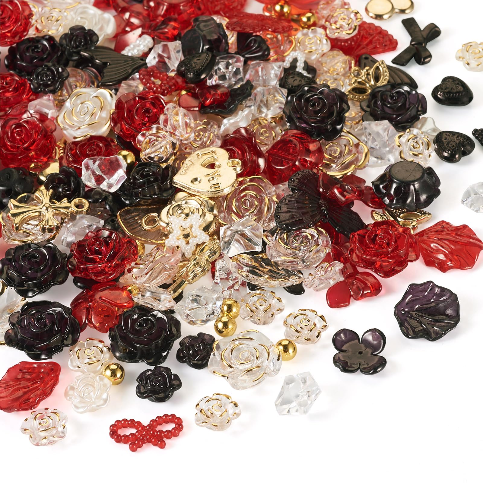 Crafans 100G Rose Flower Jewelry Beads Assorted Resin Jewelry Making Finding Kits Fishtail & Leaf &Cherry & Butterfly Bulk Resin Beads for DIY Bracelet Jewelry Making