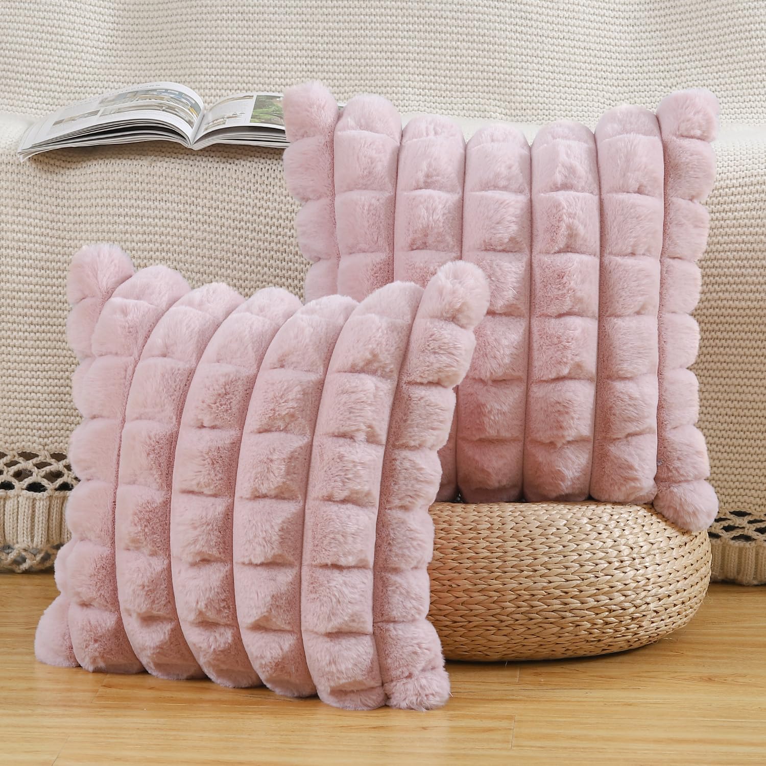 Madizz Faux Wool Pink Cushion Covers 22x22 inch, 55x55 cm, Set of 2 Super Soft Boho Throw Pillow Covers Decorative Textured Throw Pillows for Sofa Bedroom