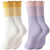 2/4 Pairs Pilates Socks with Grips for Women,Cute Grippy Yoga Non Slip Ruffle Sock for Ballet Barre Barefoot Hospital Workout