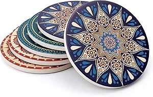 Drink Coasters with Thin Cork Bottom - Set of 6 Moisture Absorbing Stone Coasters - 4 inch Large Table Scratch or Stain Protection for Cup or Glasses