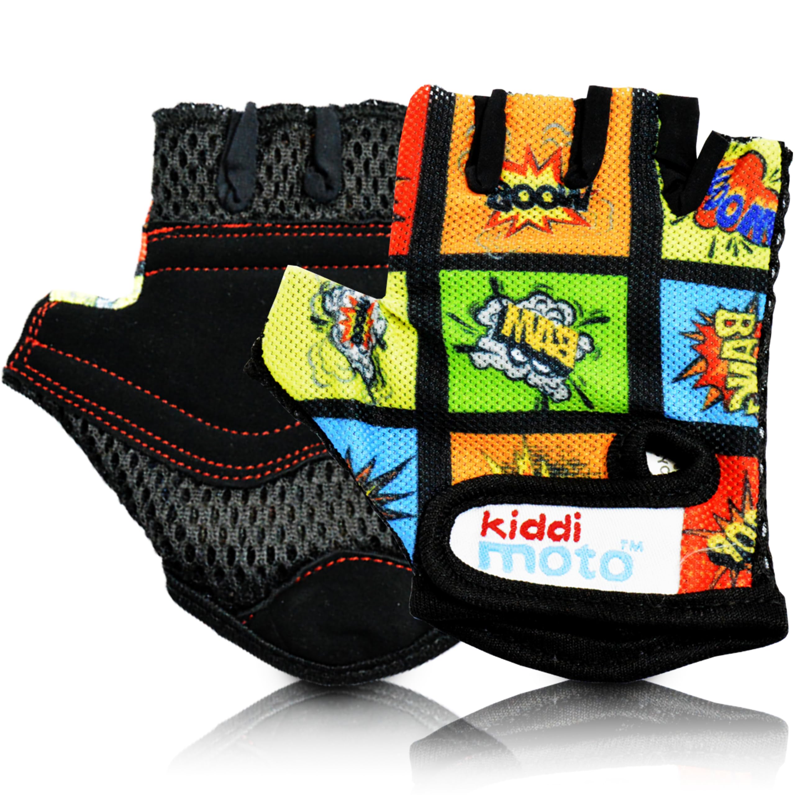 Kiddimoto Comic Anti Slip Kids Bike Gloves For Kids Boys & Girls Best Toddler Bike Gloves Ages 2-8 Fingerless Cycling Gloves For Youth Sports Like Mtb, Bmx Dirt Biking, Mountain Bike Riding, Skates