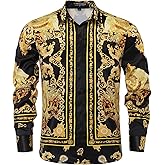Mens Luxury Brand Printed Silk Like Satin Button Down Dress Shirt for Party Prom Long Sleeve Slim Fit Floral Nightclub Shirt
