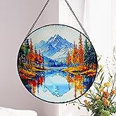 ZUSANG Mountain Lake Sun Catcher Hanging Stained Glass Window Decor, Winter Mountain Stain Glass Art, Handmade Suncatcher for Window Hanging Decor for Home Office, Christmas Housewarming Gifts, 9.8’’