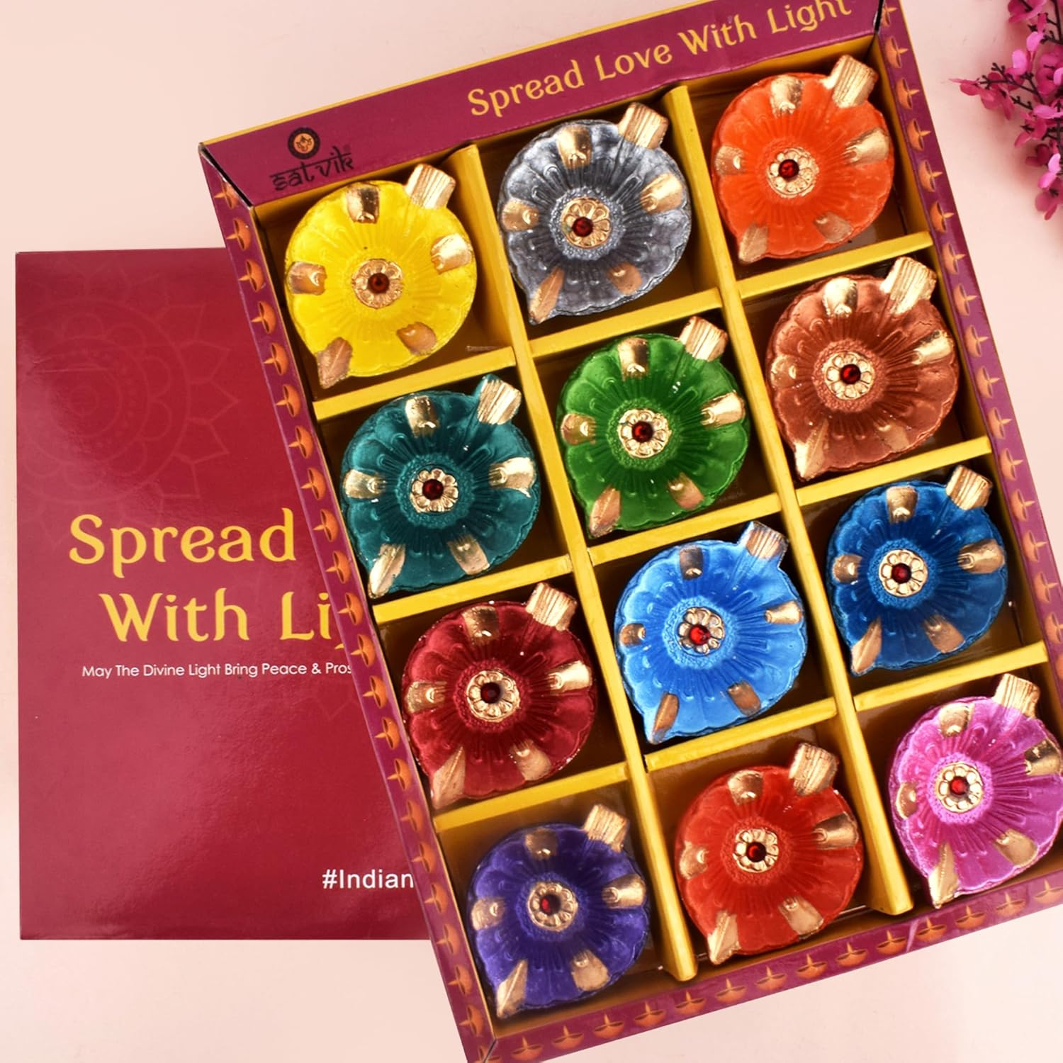 Oil Lamps & Accessories - SATVIK 12 Pc Multicolor Clay Diya Terracotta Dia Traditional Puja Vilakku Oil Lamp Natural Mitti Diya Tea Light Welcome Diwali Deepawali Navratri Pooja Décorations Indian Housewarming Return Gift Item