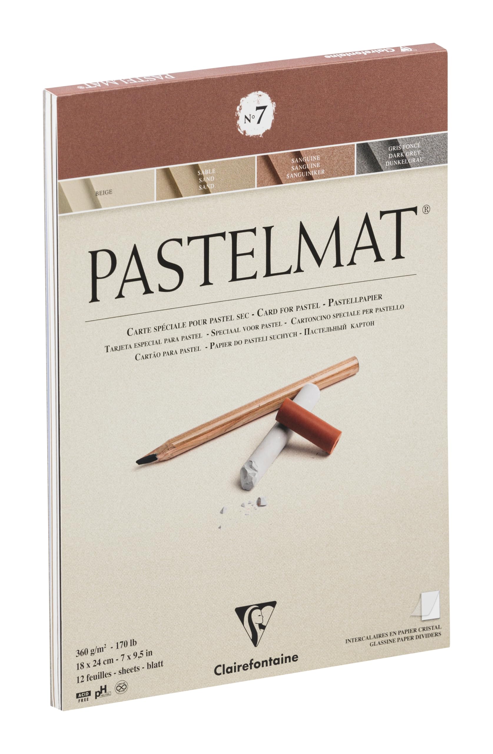 Clairefontaine 96052C Glued Pad Pastelmat n°7 - 12 Sheets Special Card for Dry Pastels - 18x24 cm 360g - 4 Assorted Colors - Crystal Paper Dividers
