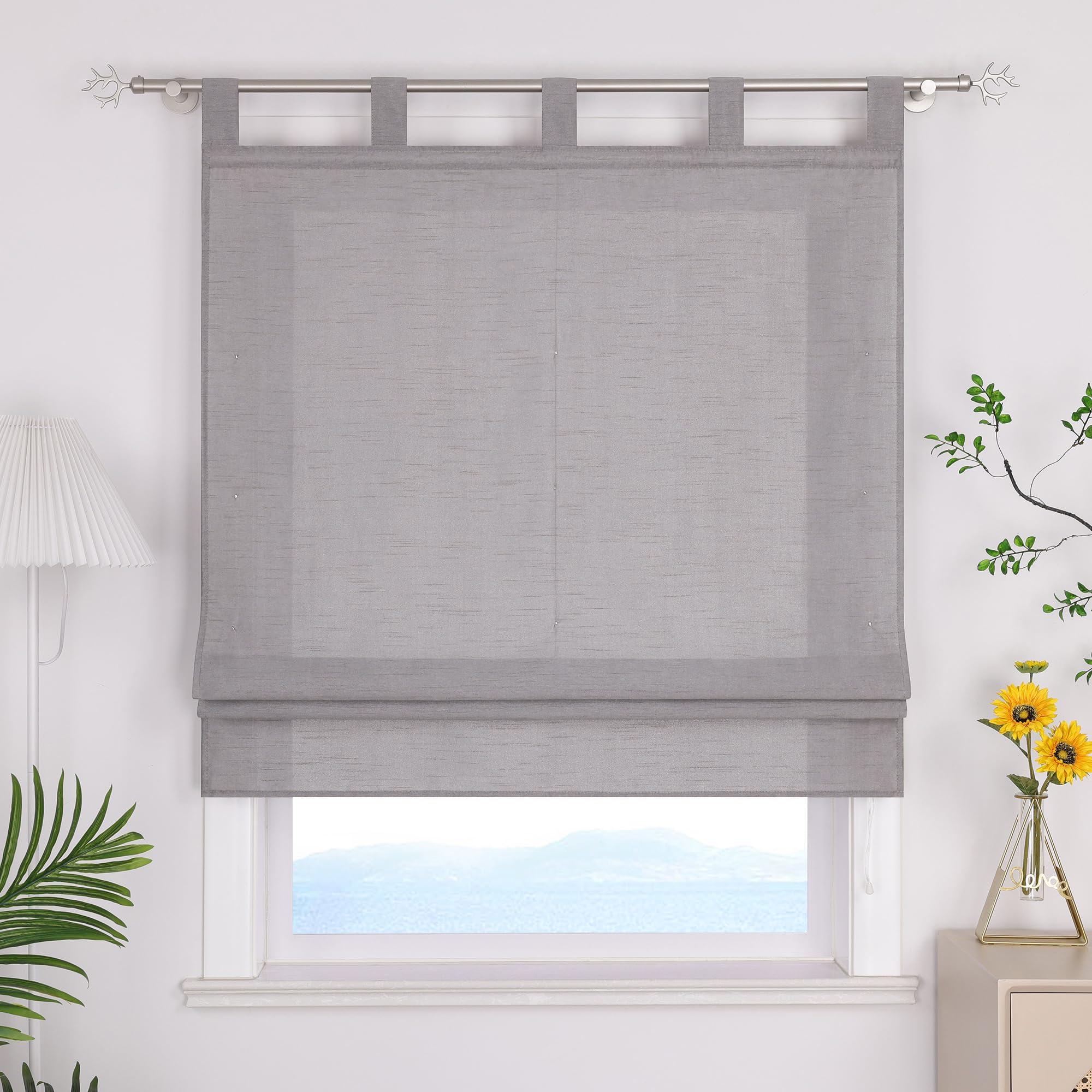 ESLIR Roman Blind with Loops, Plain Curtains, Kitchen, Opaque, Living Room, Ribbon Roller Blind for Windows, No Drilling, Grey, W x H 120 x 140 cm, 1 Piece