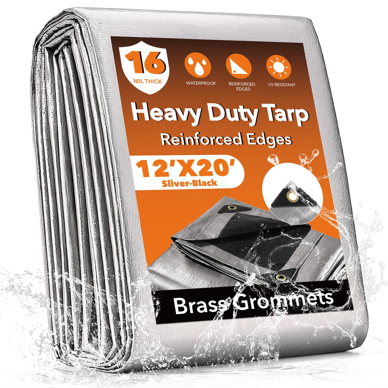 Photo 1 of 12x20FT Waterproof Tarp, Yumatum 16 Mil Heavy Duty Tarps with Reinforced Edges/Brass Grommets, 100% UV Blocking/Tear Resistant Poly Tarp for Camping, Patio, Tent, Boat(Silver/Black)
