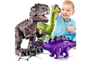 BLmukce 3-Pack Electronic Walking Dinosaur Toys for Toddlers 2-4, Moving Dinosaurs Toys with Lights, Roaring Sounds, T-Rex, Brachiosaurus & Stegosaurus, Xmas Birthday Gift for 2 3 4 5 6 Years Old Boys