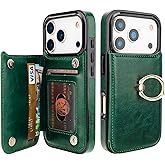 ONETOP for iPhone 17 Pro Wallet Case with Card Holder, 360° Rotation Ring Kickstand RFID Blocking PU Leather Double Magnetic Clasp Shockproof Cover for Women and Girls 6.3 Inch (Green)