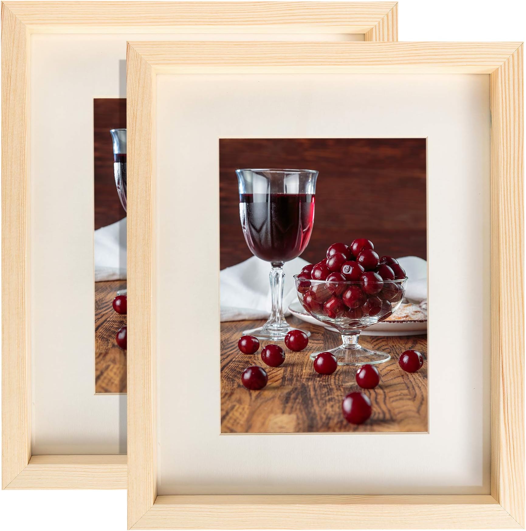 Wooden Picture Frames 8x10 with White Mat for 5x7 Photos - Set of 2 - 100% Eco Unfinished Wood Thick Borders - Natural Wood Color for Wall Mounting Tabletop Photo Frame with Real Glass