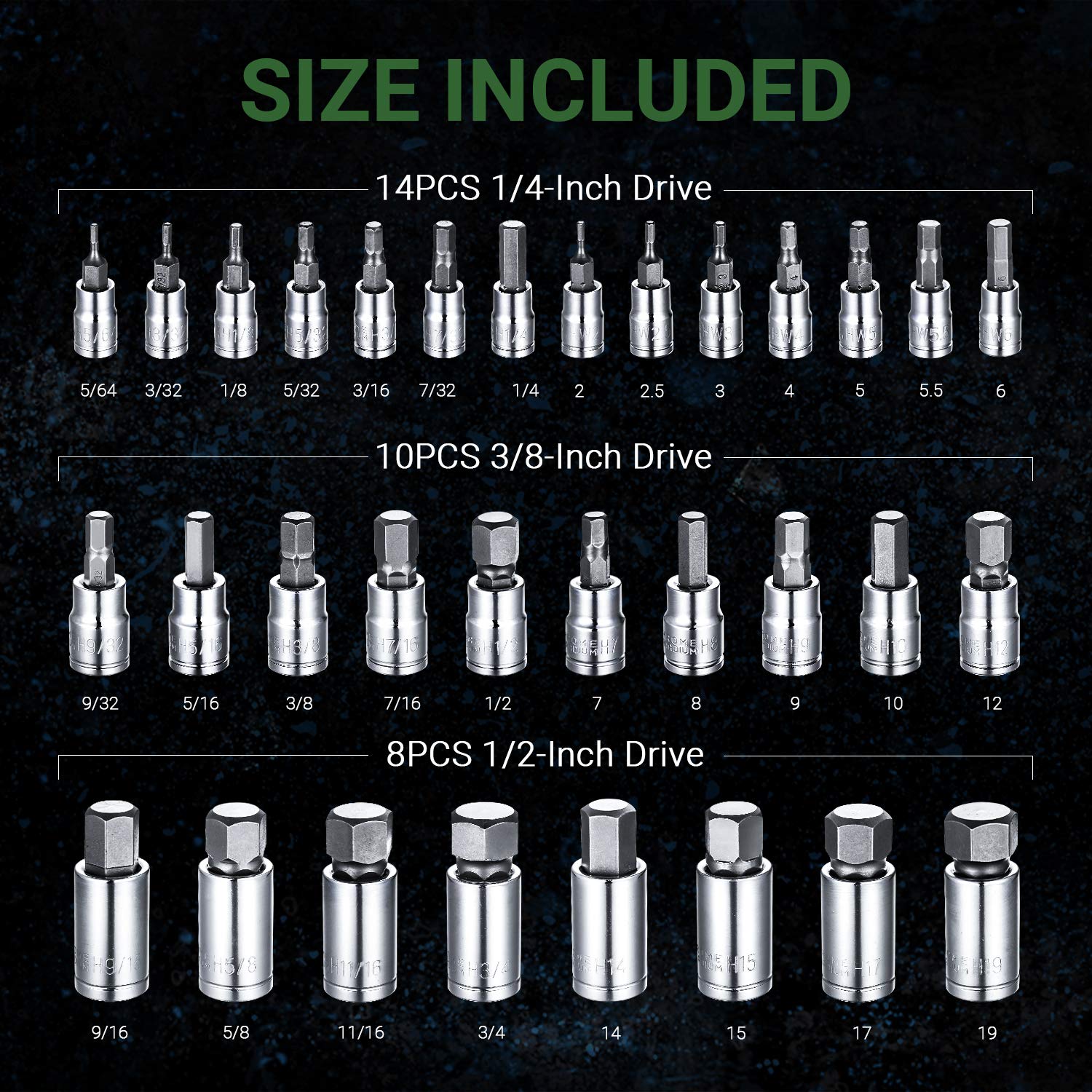 Metakoo 32 Piece Master Hex Bit Socket Set Allen Wrench Bit Kit S2 Steel Allen Head Bit High Torque Strengthened Cr V Socket 1 2 3 8 1 4 Drive Sae And Metric Power Hand