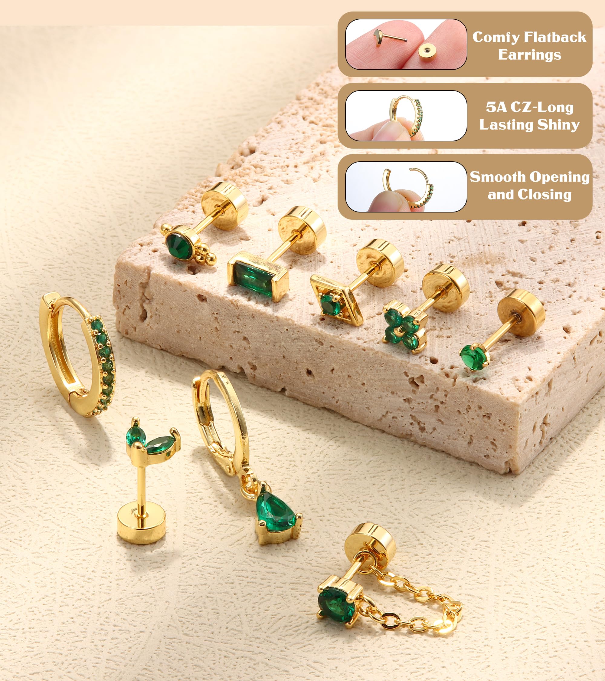 ADRAMATA Gold Flat Back Earrings for Women Hypoallergenic Surgical Steel Earrings for Sensitive Ears 20G Small Stainless Steel Flatback Stud Hoop Cartilage Earring Set for Multiple Piercing Helix/Tragus/Conch