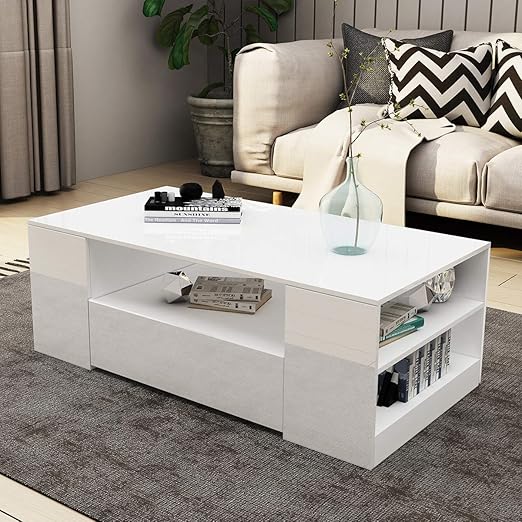 Undranded Couchtisch Alle Hochglanz Modern Sofa Tisch 2 Schubladen Mit Regalen Rechteck End Tisch Fur Wohnzimmer Zuhause Buromobel Dekoration 95x55x37cm Weiss Amazon De Kuche Haushalt