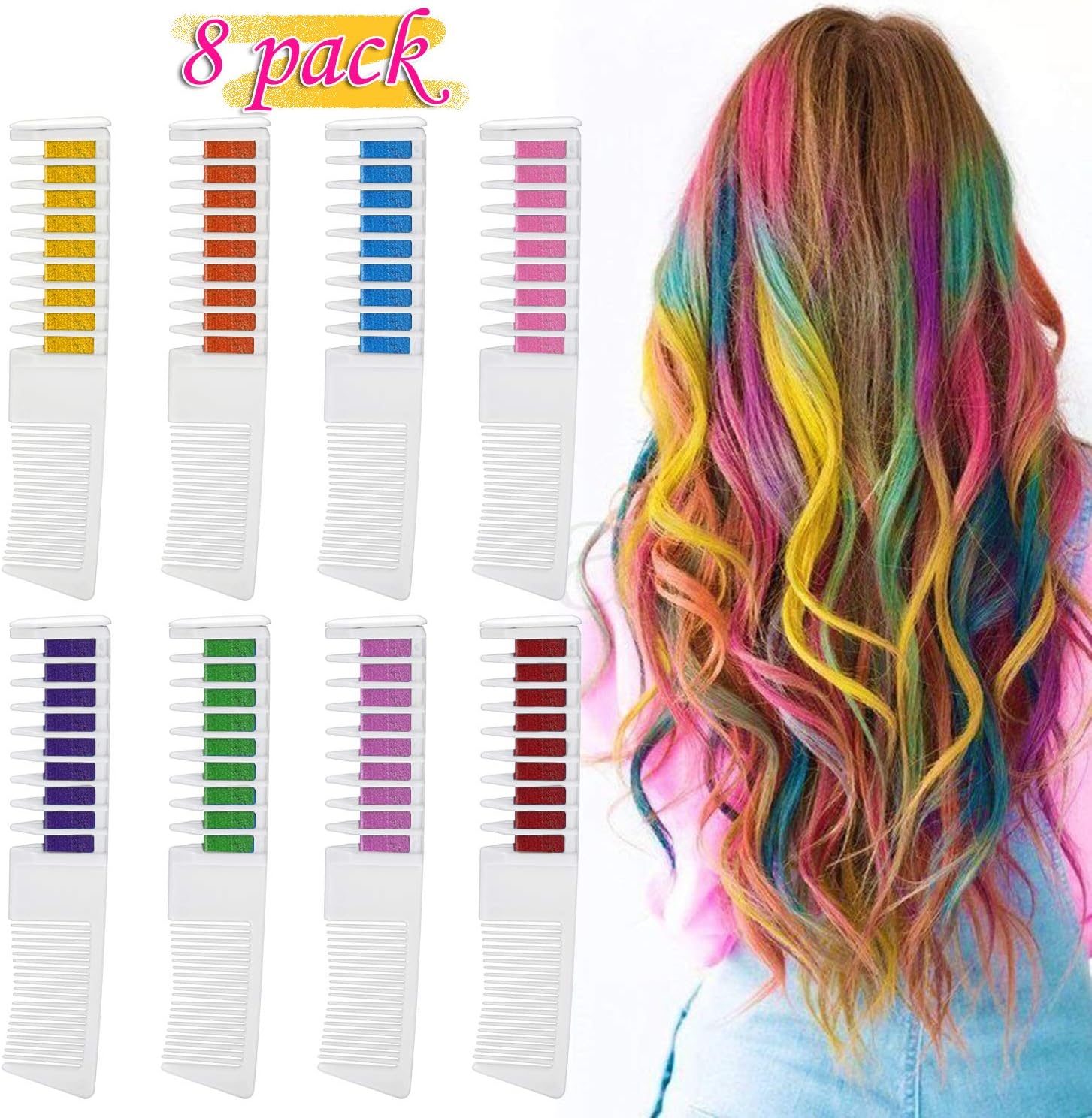 Hair Chalk Comb, Emooqi Temporary Hair Color Dye Disposable Hair Color Chalk Professional Crayons for Adults & Kids' Party DIY Cosplay (Pack of 8)