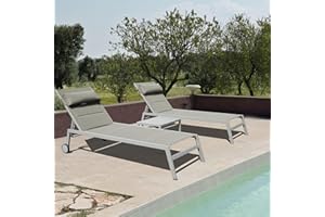 DOMI OUTDOOR LIVING Domi Patio Chaise Lounge Set of 3, Outdoor Lounge Chair, Aluminum Textilene Padded 5 Position Pool Lounger, Stackable Lounge Chair w/Headrest, Wheels, Side Table, for Beach Backyard Lawn, Grey