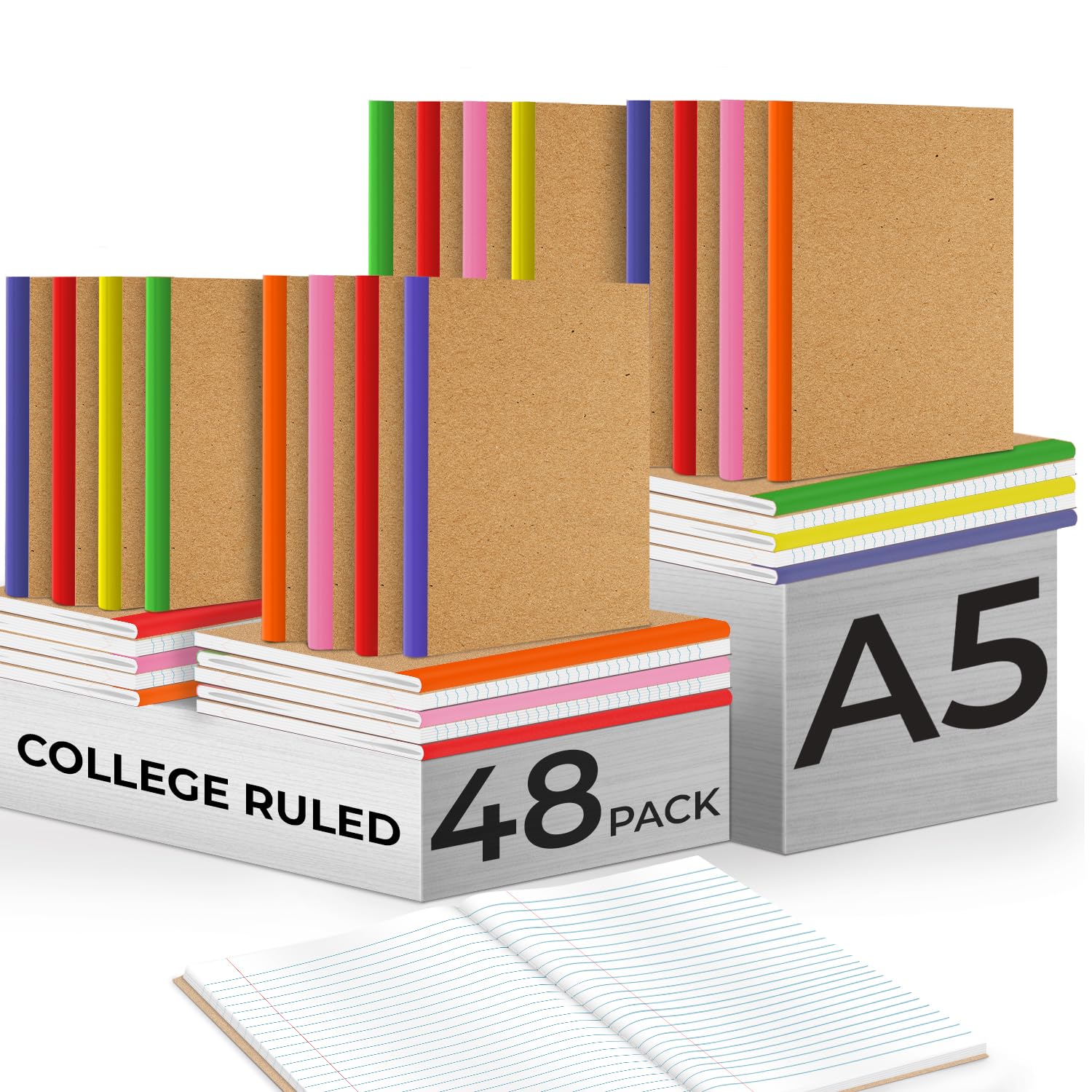 Photo 1 of Rosmonde 48 Pack Bulk Kraft Journals, A5, Extra Pages - 120 Pages (60 Sheets), College Ruled, 8 x 5.7, No-Bleed Paper, Bulk Kraft Composition Notebooks Lined, Kraft Composition Notebook for School
