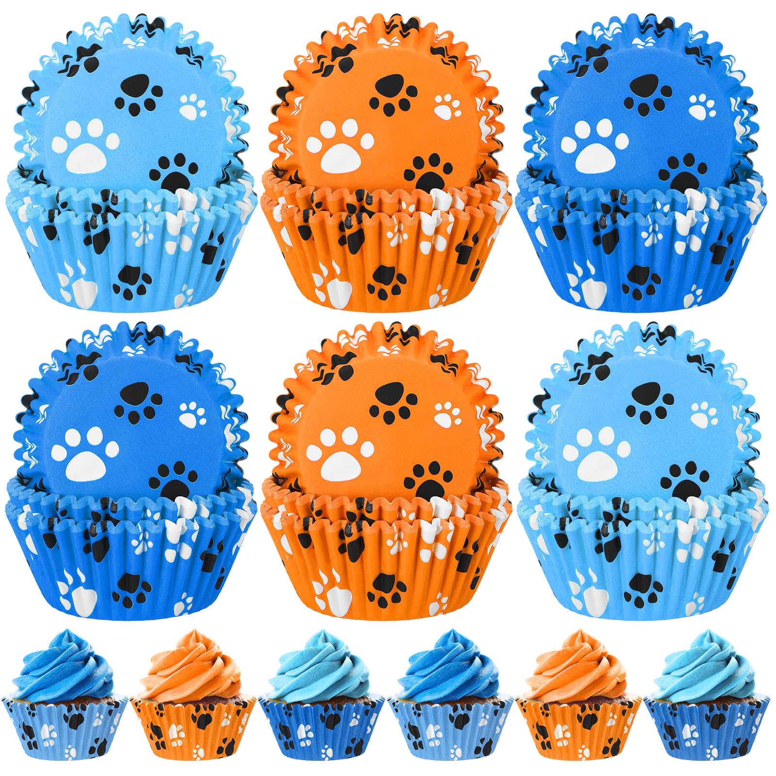 Photo 1 of 200 Count Paw Bone Cupcake Liners Dog Wrappers Paw Pattern Cup Cake Holder Puppy Dog Theme Cupcake Wrappers for Baby Shower Birthday Party Supplies(Orange Blue)