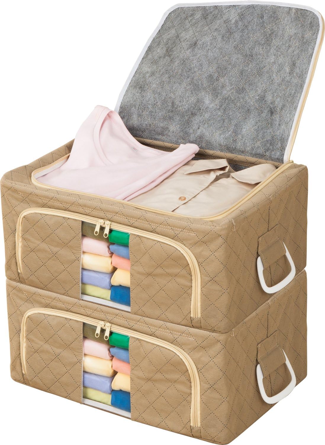 1Storage Steel Frame Organizer Boxes, Charcoal Fiber, Breathable Material, 19"x14"x8", 2pcs, LightBrown 902-04