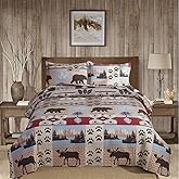 Oliven Rustic Cabin Summer Moose Bear Quilts Full/Queen Size Lodge Bedspread Bear Paw Pine Tree Maple Leaves Bed Cover Soft Polyester Woodland Coverlet Set with 2 Standard Pillow Shams