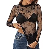 Kate Kasin Lace Tops for Women, Sexy Mesh Long Sleeve Sheer Shirts, Slim Fitted See Through Lace Blouses