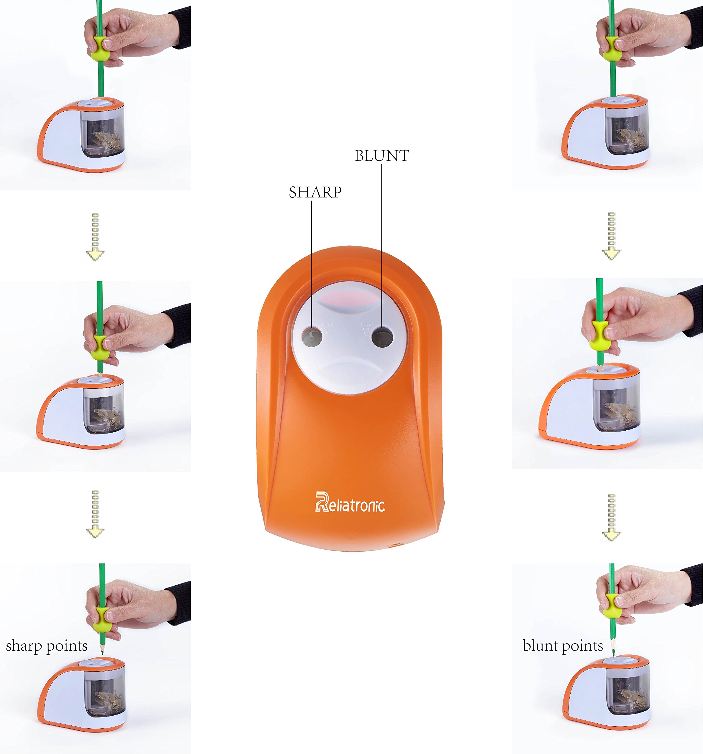 Reliatronic Electric Pencil Sharpener with 2 Holes, Especially Suitable for Colored Pencils, Both AC Powered and Battery Operated, Orange