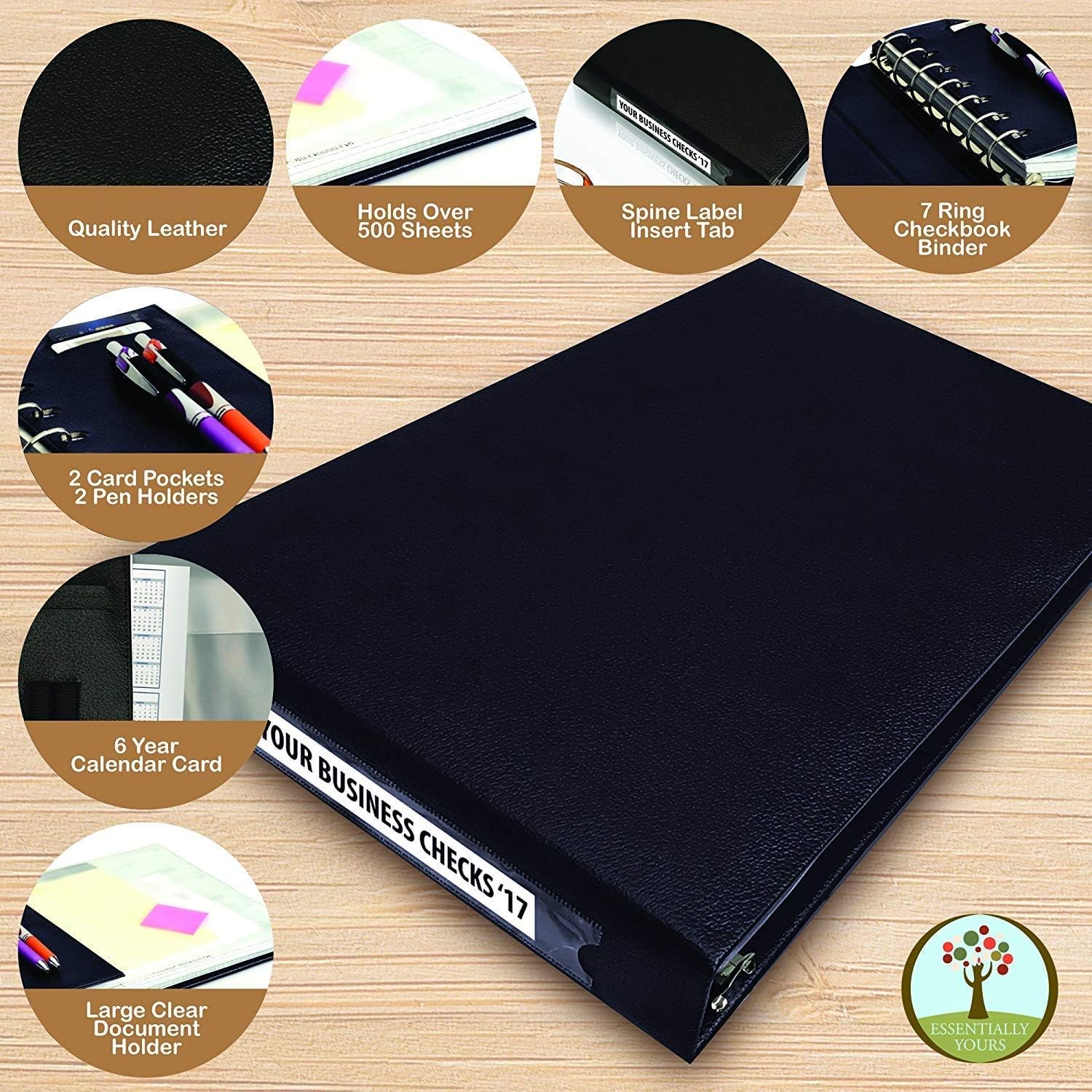 Premium Executive 7 Ring Business Check Binder for 3 on a Page Checks - Large Storage Pouch, Calendar, and Pen Included, | 600 Check / 200 (9" x 13") Sheet Capacity, Blue : Office Products