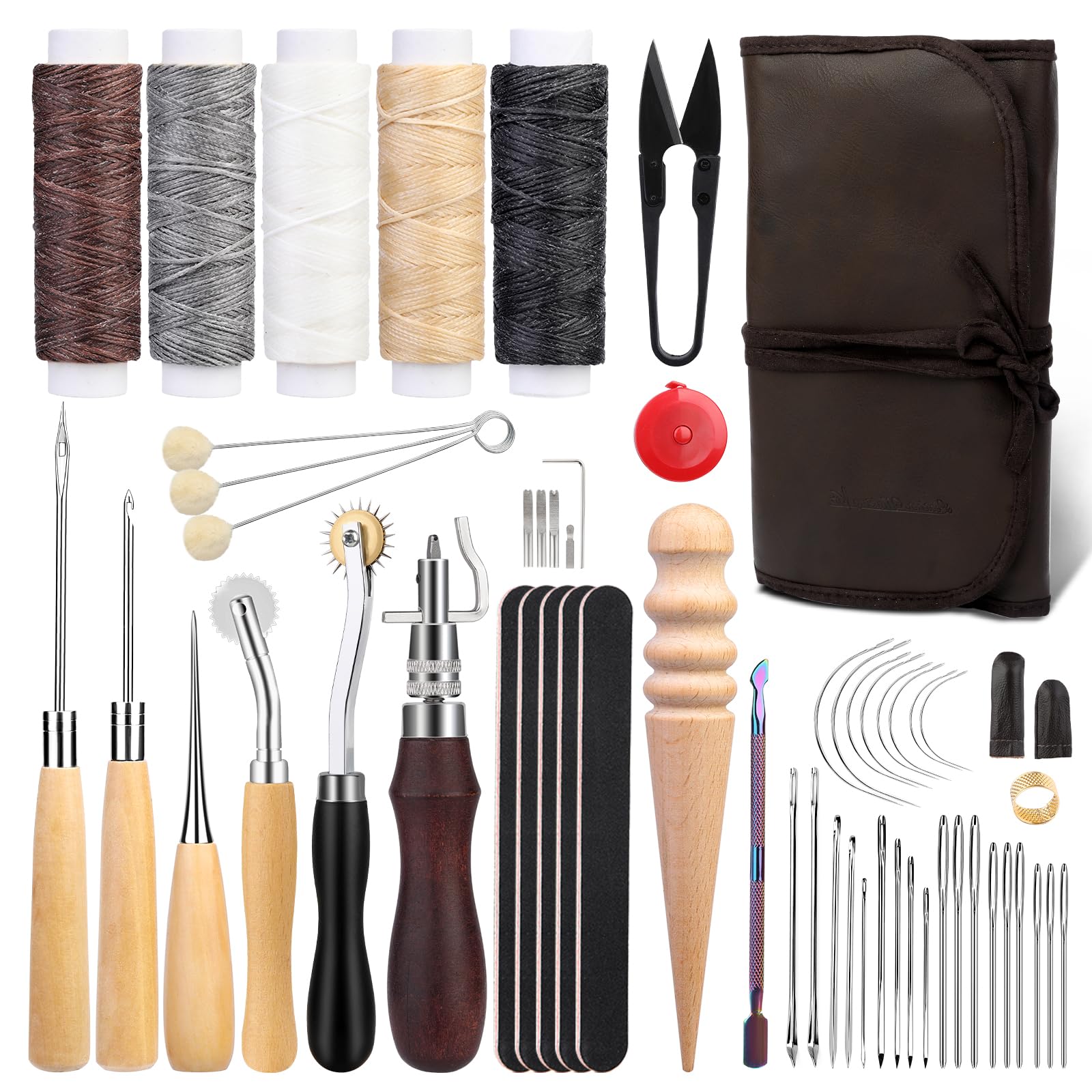 NAMOON 55 Pcs Leather Sewing Kit Leather Working Tools Set DIY Craft Tools with Wool Daubers, Sewing Awl, Stitching Groover, Waxed Thread, Upholstery Repair Kit for DIY Craft Making