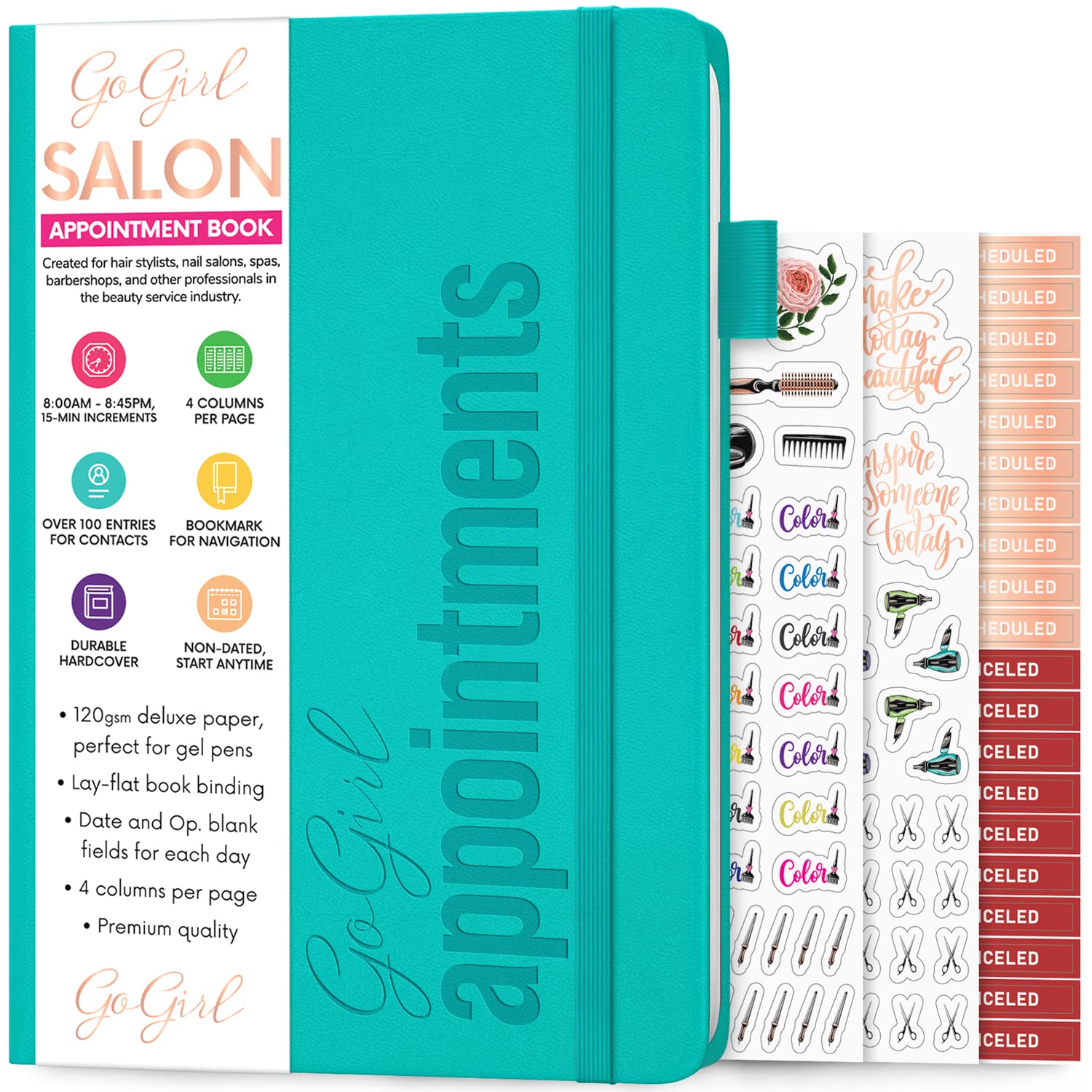GoGirl Salon Appointment Book – Reservation Book for Beauty Salons, Spas, Hair Stylists, Estheticians – Appt Booking Planner, 18x25.5cm (Turquoise)