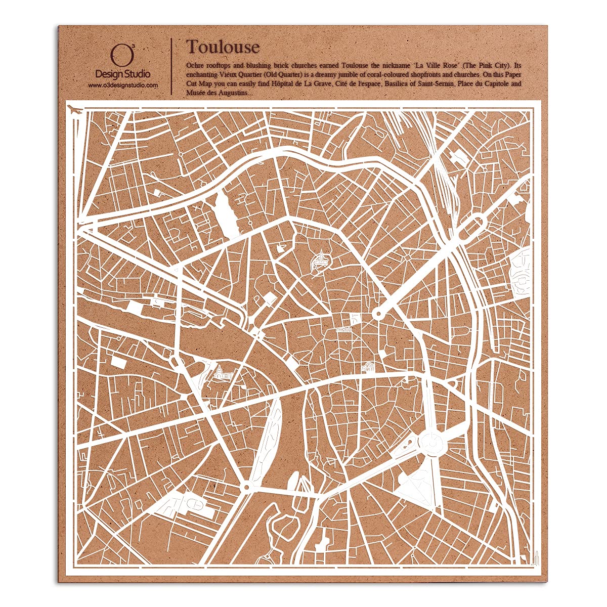 Paper Cut Map Toulouse White 12x12 inches Paper Art