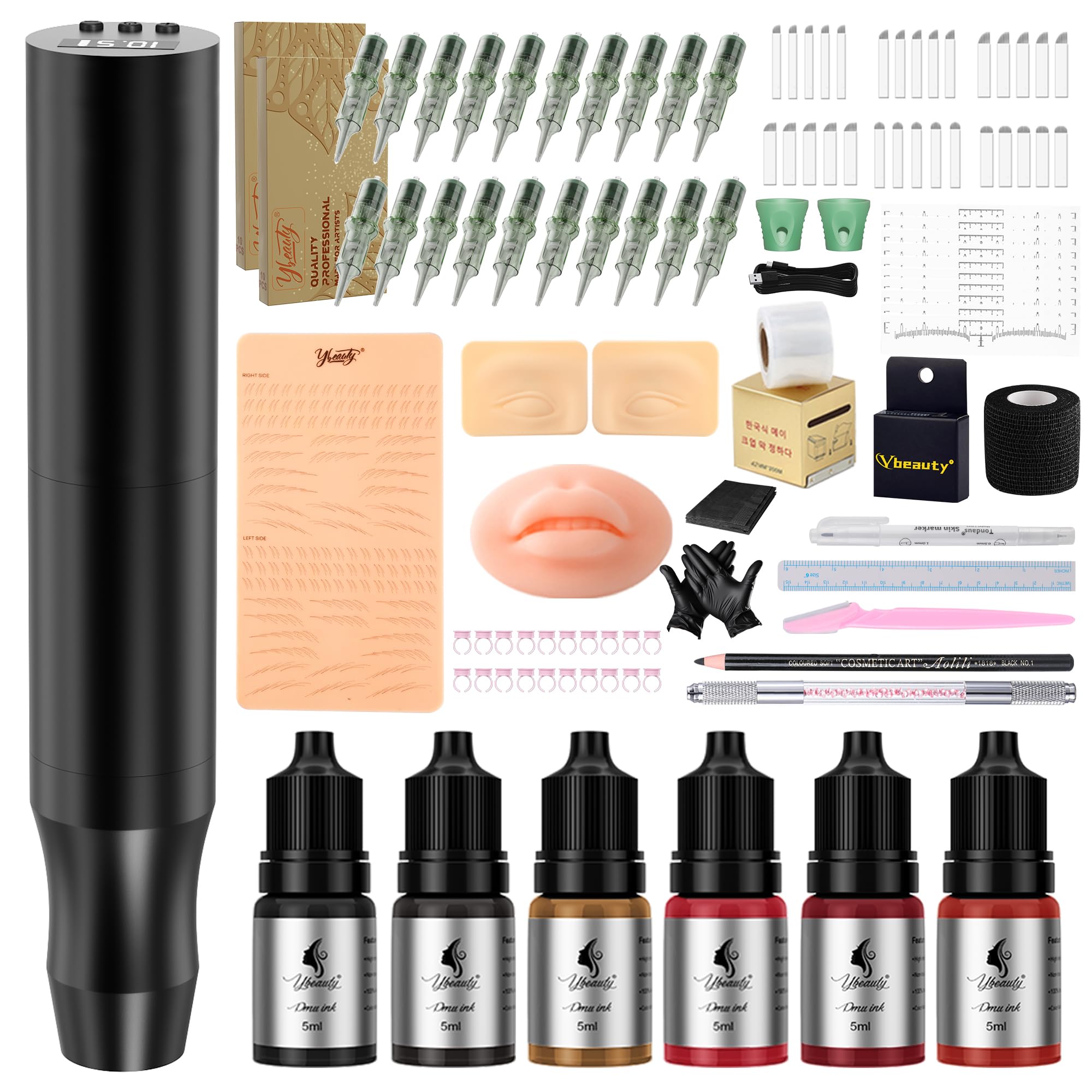 Photo 1 of YBEAUTY Beginners Microblading Tattoo Gun Kit, Professional Cordless Tattoo Pen & Eyebrow Pencil Set for Makeup Supplies, 1400mAh Semi-Permanent Eyebrow Tattoo Machine with 50Pcs Needles (Black)