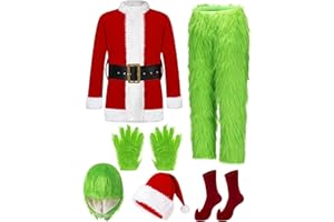 PAFIGA Christmas Costume Adult Men Santa Claus Outfit 7PCS Furry Green Giant Monster Professional Realistic Xmas Cosplay Suit