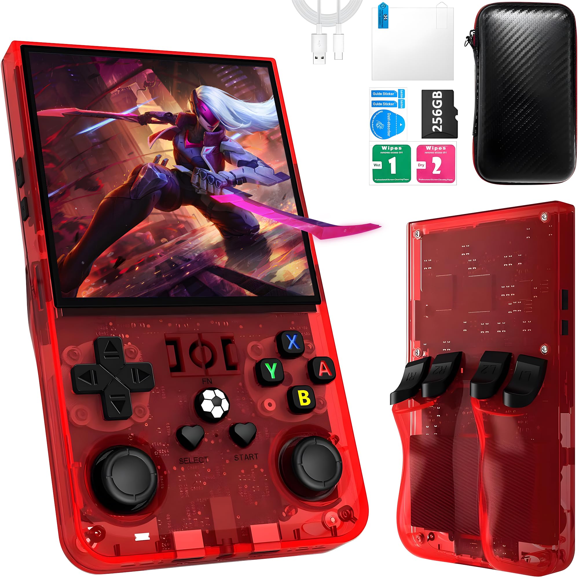 R36MAX Retro Handheld Game Console,Game Console with 256GB TF Card, 40000+ Classic Games,Game Console 4.0" IPS HD Screen 4000mAh Rechargeable Portable Video Console Pocket Arcade-Transparent Red