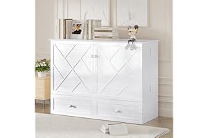 Mjkone Queen Murphy Cabinet Beds with Tri-Fold Mattress, Queen Size Murphy Chest Bed with USB Charging Station & Drawer, Hidd