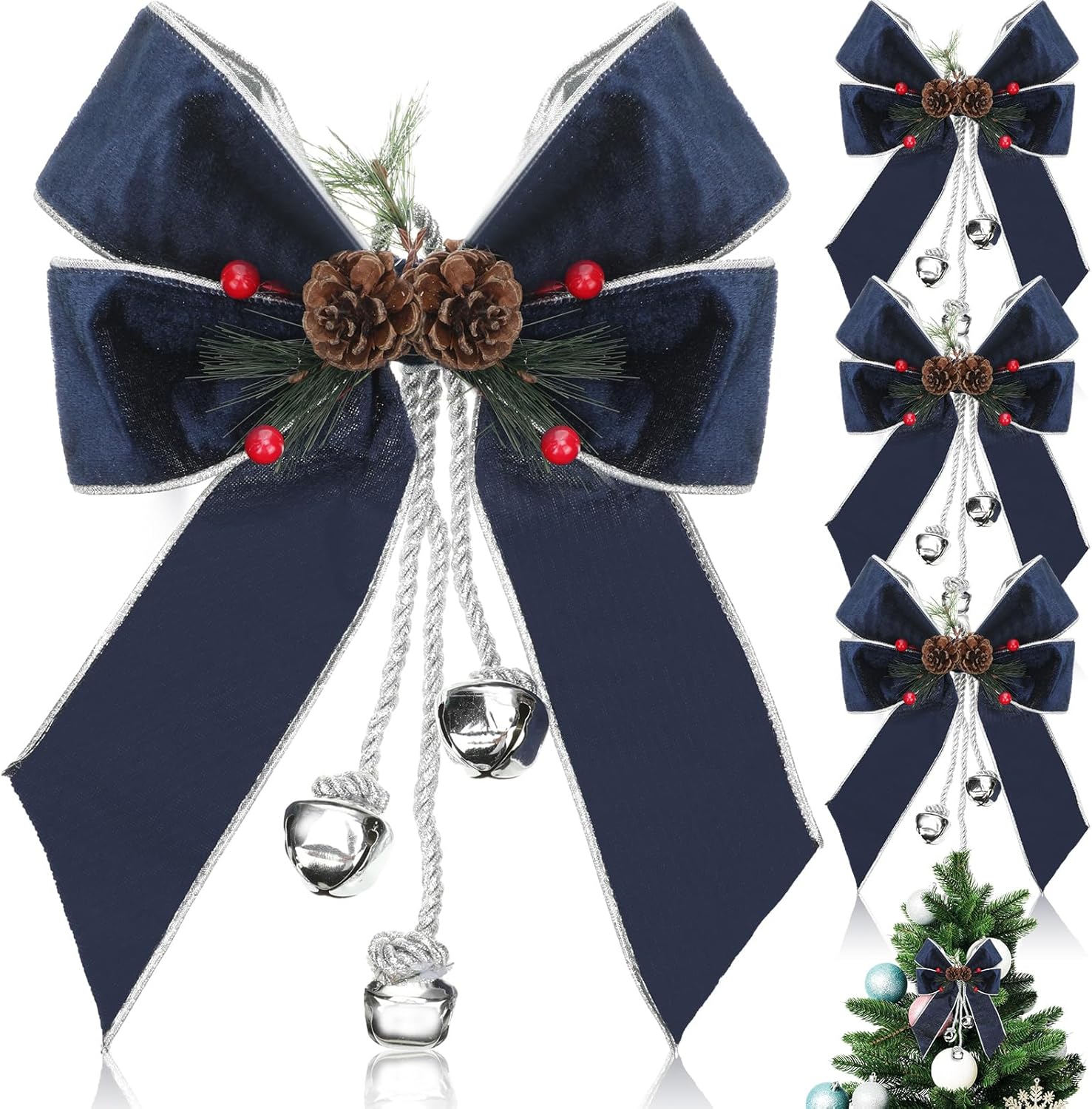 Bows & Ribbons - Yinkin 4 Pcs Christmas Tree Wreath Bow Christmas Ribbon Bows with Bells 11 x 7.8 In Velvet Pine Cone Bow Christmas Tree Hanging Ornaments Decoration for Home Christmas Party Outdoor Indoor (Navy Blue)