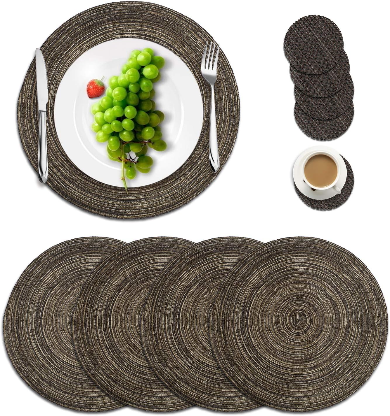 Manzelun Round Placemats Set of 4,Woven Heat Resistant Table Mats with 4 Coasters for Dining Table(13.8") (Coffee)