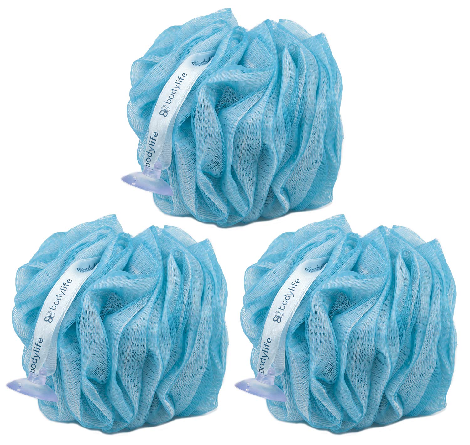 Bodylife Body Buffer, Puff, Exfoliating Bath & Shower Body Pouf, Scrunchie, Body Scrubber Blue & White 55g Triple Pack
