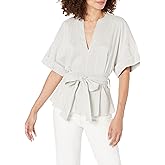 Vince Womens Stripe Cuffed S/S V-Neck Blouse